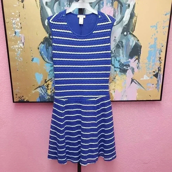 Cache Blue Dress with White Stripes Size Small - Picture 1 of 5